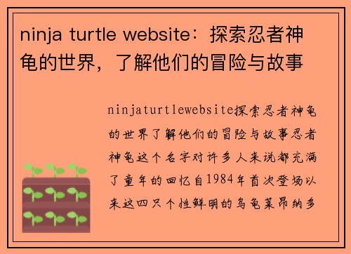 ninja turtle website：探索忍者神龟的世界，了解他们的冒险与故事